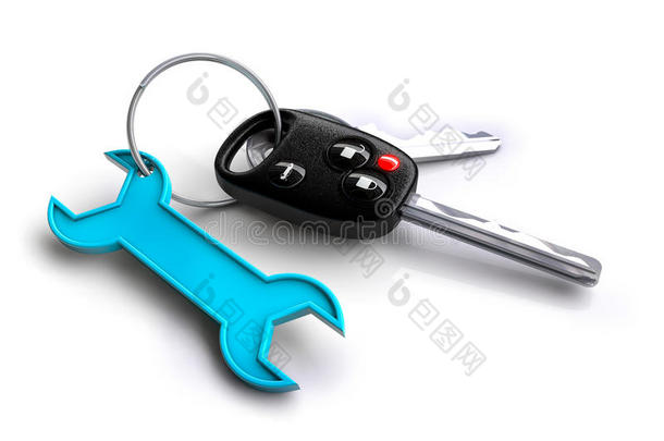 带有扳手图标钥匙环的汽车钥匙。 车辆维修和维修计划的概念。