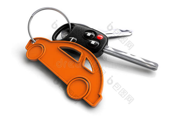 带有汽车图标钥匙环的汽车钥匙。 汽车所有权的概念。