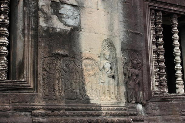 吴哥窟的详细墙壁装饰。 柬埔寨