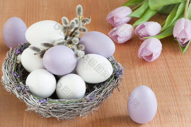 复活节鸡蛋和兔子。 复活节快乐