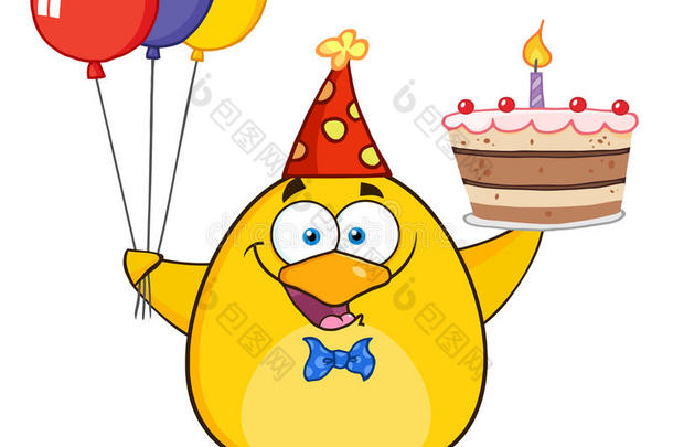 可爱的黄色小妞拿着五颜六色的气球和生日蛋糕