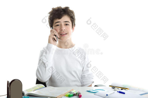 白种光滑皮肤的男孩在手机上写作业