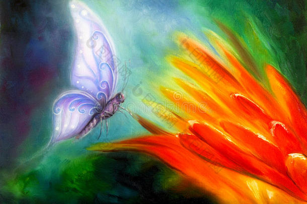 蝴蝶飞向一朵明亮的橙色花朵，美丽细致的彩色油画在画布上。