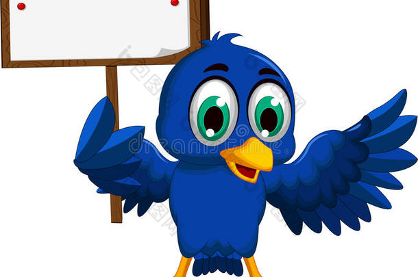 可爱的蓝色鸟卡通拿着空白板