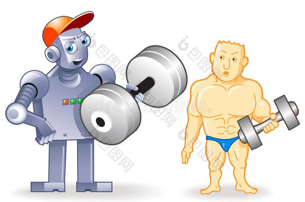 有趣的人体健美运动员与强壮的机器人