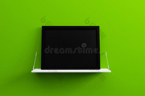 黑色空白画框在白色架子上，绿色墙，3D渲染弹簧颜色