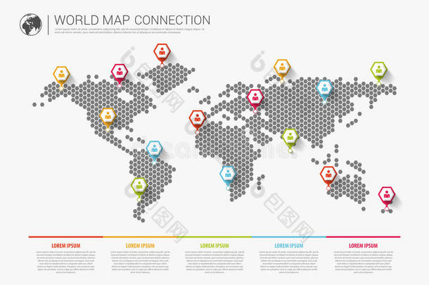 丰富<strong>多彩</strong>的现代信息<strong>世界</strong>地图连接概念。 矢量