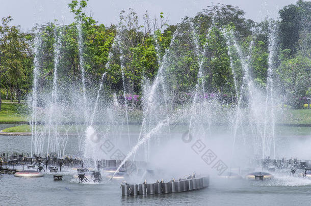 泰国曼谷花园池塘里的喷泉