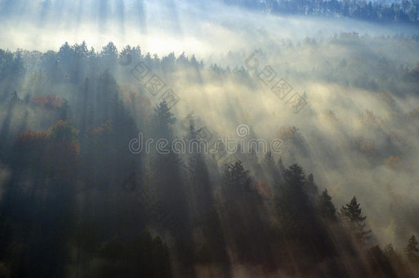 100号风景线vt斯托附近的晨雾和秋季日出鸟瞰图