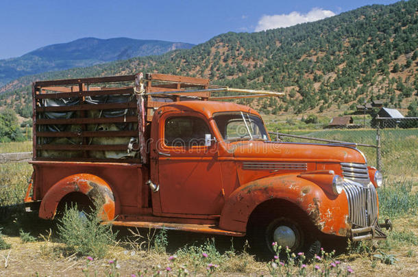 一辆古老的橙色卡车被遗弃在科罗拉多州的田野里，雪原，科罗拉多州