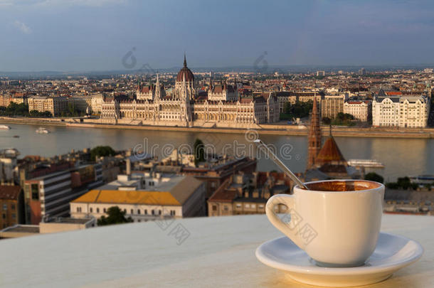 一杯<strong>咖啡</strong>，可以看到布达佩斯的议会大楼