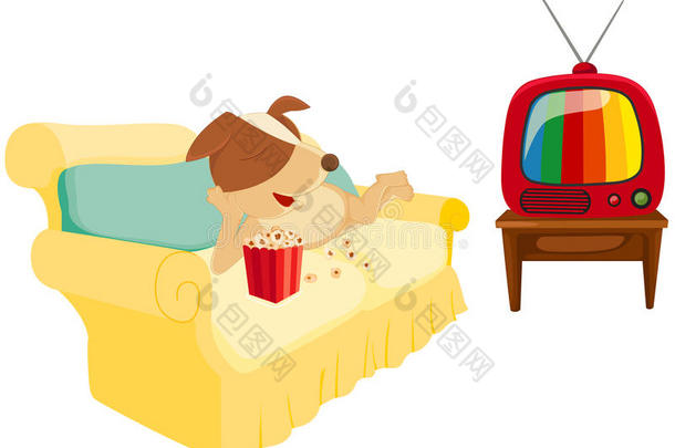 卡通狗吃爆米花和电视