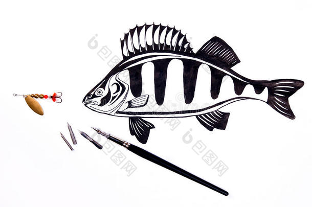 用墨画鱼钓鱼金属诱饵和钢笔。