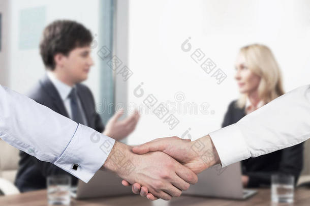 <strong>夫妇</strong>在商务会议上。 <strong>握手</strong>作为成功交易的概念。