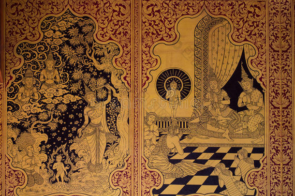 泰国古代佛教寺庙墙上的泰国图案，亚洲佛教风格的艺术，寺庙墙上的美丽图案