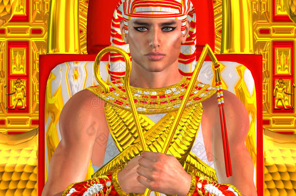 埃及法老拉姆斯靠近，坐在宝座上。