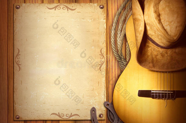 美国乡村音乐海报。木背景与吉他