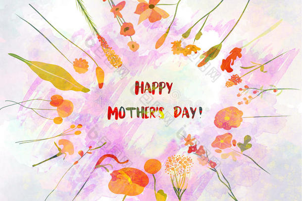 花圆花环为母亲的日子与可爱的天真的花和叶子。 水彩画