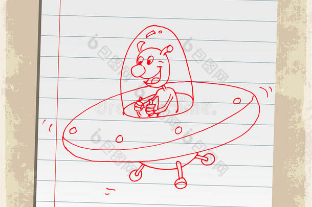 卡通UFO纸上笔记，矢量插图