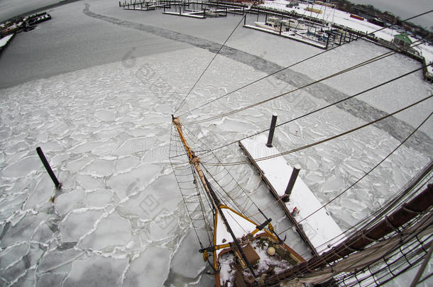 在冰中的高船上，从高处俯瞰鱼眼
