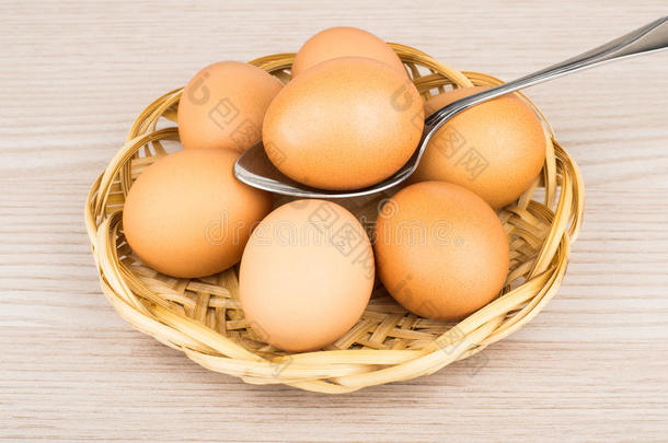 柳条<strong>篮子里的鸡蛋</strong>和勺子<strong>里的鸡蛋</strong>