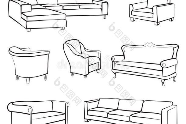 家具沙发和扶手椅。 室内设计大纲收集
