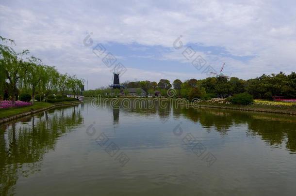 上海花港有风车背景的湖