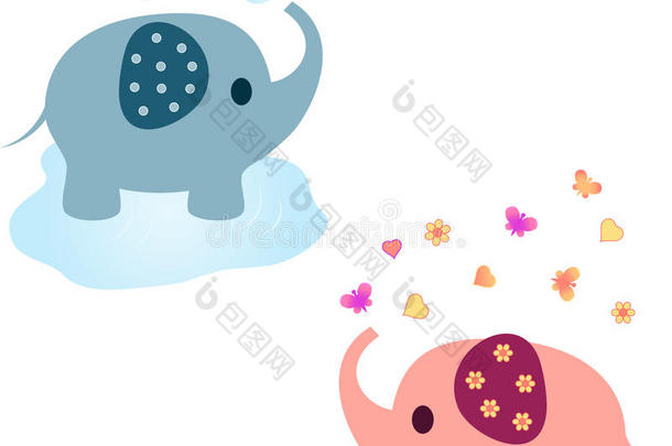 大象插图，粉红色大象，蓝色大象
