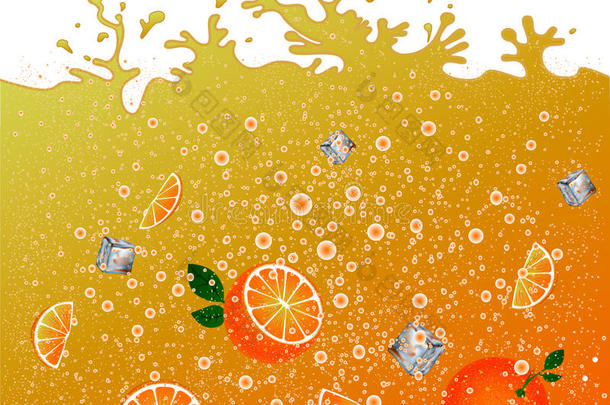碳酸橙饮料。 背景。 广告横幅。 果汁。 橙色柑橘鸡尾酒。 飞溅。