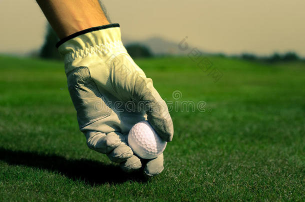 带手套的手在地上放一个高尔夫球的发球台。