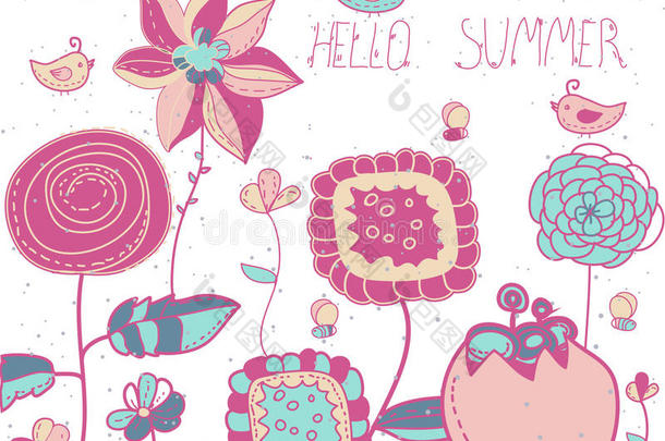 背景与装饰花，鸟和蜜蜂和字母你好夏天