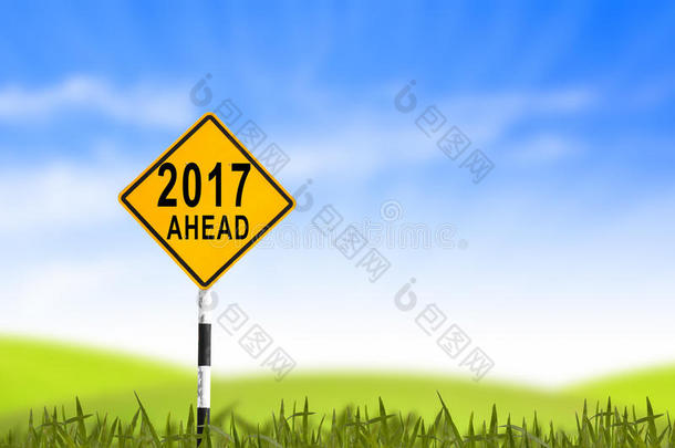 2017年，<strong>路牌</strong>在草地上改新年和蓝天，可以