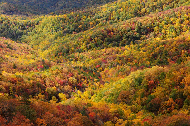 秋天<strong>树叶吹</strong>岩俯瞰，蓝色山脊公园路