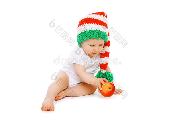 圣诞节和童年概念-戴着亮<strong>帽子</strong>的小<strong>宝宝</strong>