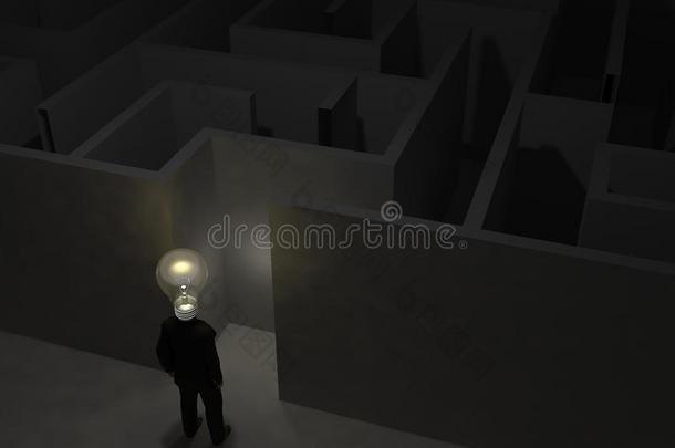 商人在一个神秘的迷宫前面有灯泡