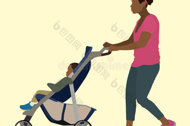 黑人母亲推着婴儿车