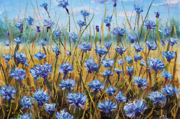 花田。 草地上的蓝色花朵。 蓝天。 油画。