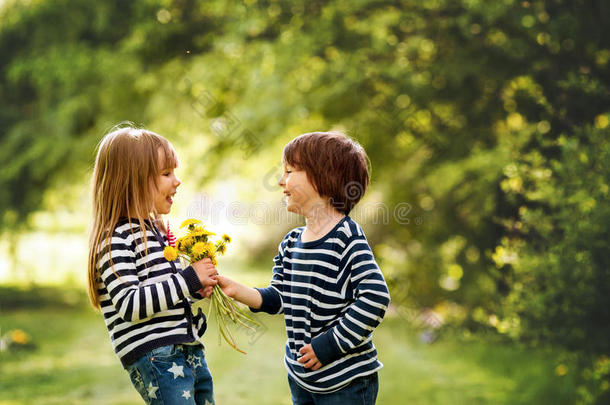 美丽的男孩和女孩在公园里，男孩给女孩<strong>送花</strong>