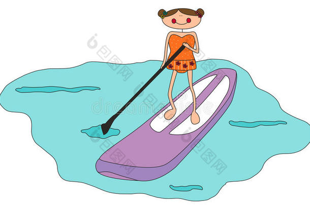 卡通女孩站起来划桨登机
