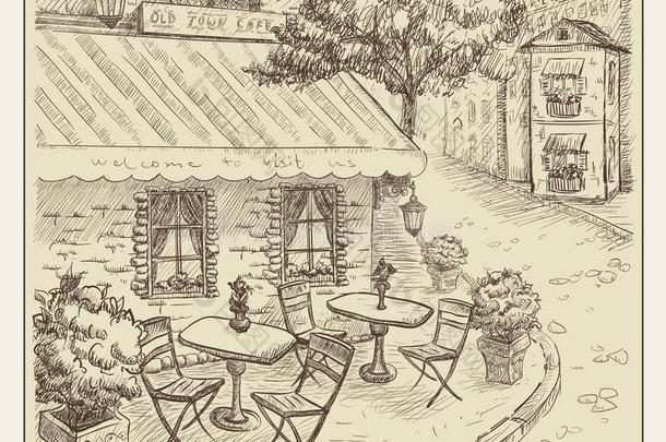 手绘插图，老城的街头咖啡馆。