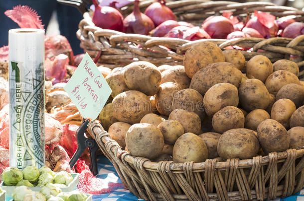 新鲜有机尤康黄金土豆和洋葱在农贸市场