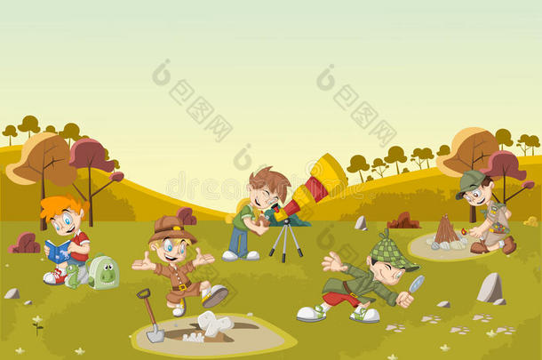绿色田野上的一群卡通探险家男孩