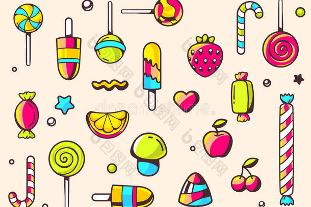 节日五颜六色的图案，在浅色背景上有糖果。