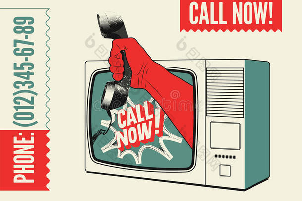 快打电话！ 印刷复古海报。 电视用一只手握住电话接收器。 矢量插图。