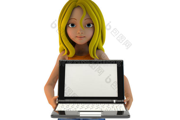 三维卡通女孩和笔记本电脑