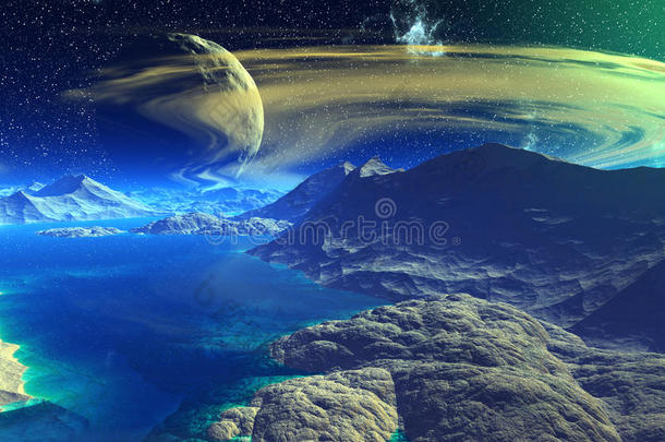幻想外星星球。 岩石和月亮