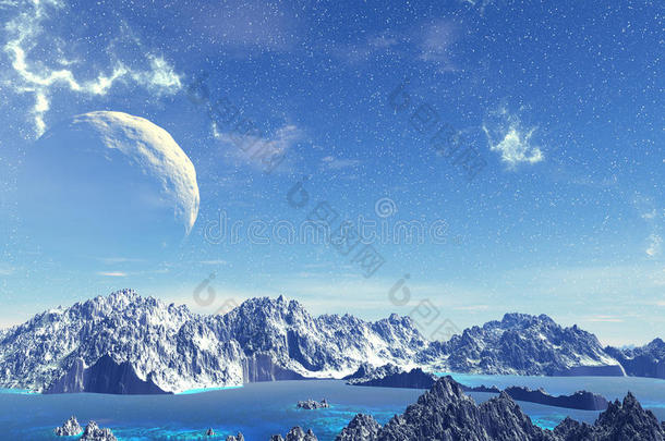 幻想外星星球。 岩石和月亮