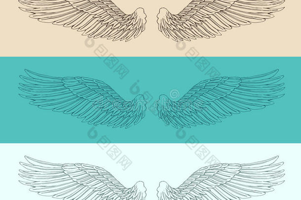 天使翅膀设置插图，雕刻风格，手绘