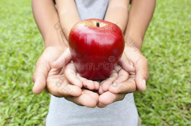 成年的手牵着孩子的手和红苹果