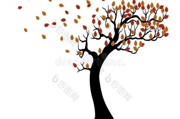 装饰秋树剪影与棕色的叶子和风